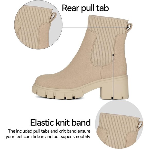 Womens Nude Suede Low Wedge Heel Slip On Chunky Platform Chelsea Ankle Boots - Picture 4 of 6